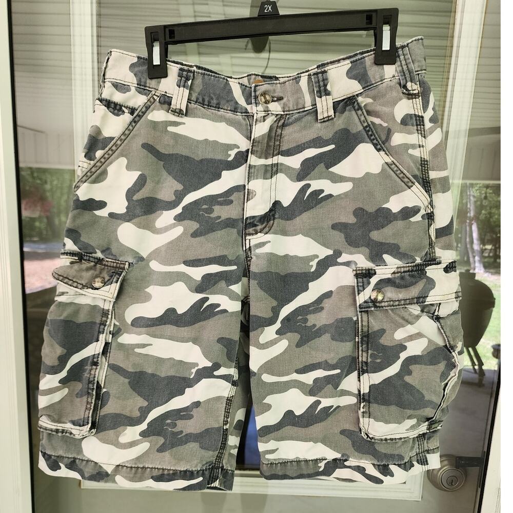 Carhartt Mens 32 Cargo Relaxed Fit Camo Shorts Gray 100% Cotton